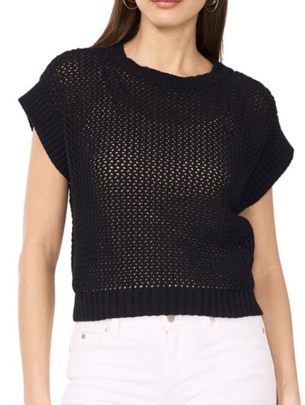 Vince Camuto Crochet Open Knit Short Sleeve Sweater Black Small New Nwt